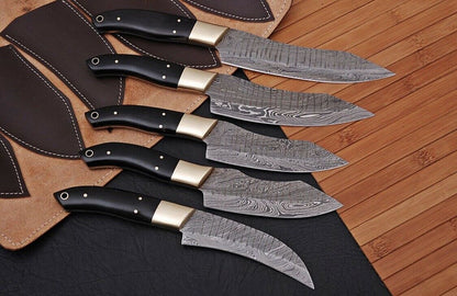 HS-202  Custom Handmade Damascus KItchen-Chef Knives Set Lot Of Five Pecs With Buffalo Horn Handle