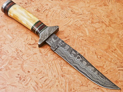 Custom Handmade Damascus Hunting Knife With Bone Handle