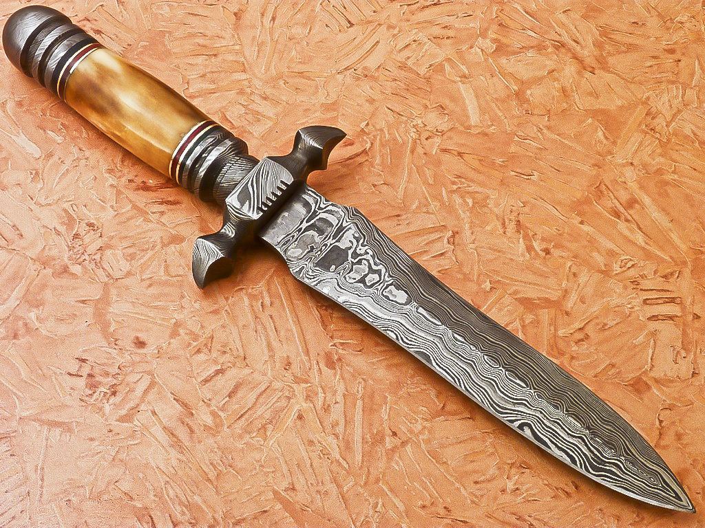 HS-869 Custom Handmade Damascus Dagger Knife With Colored Camel Bone Handle