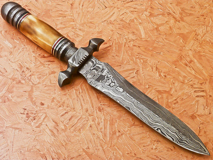 HS-869 Custom Handmade Damascus Dagger Knife With Colored Camel Bone Handle