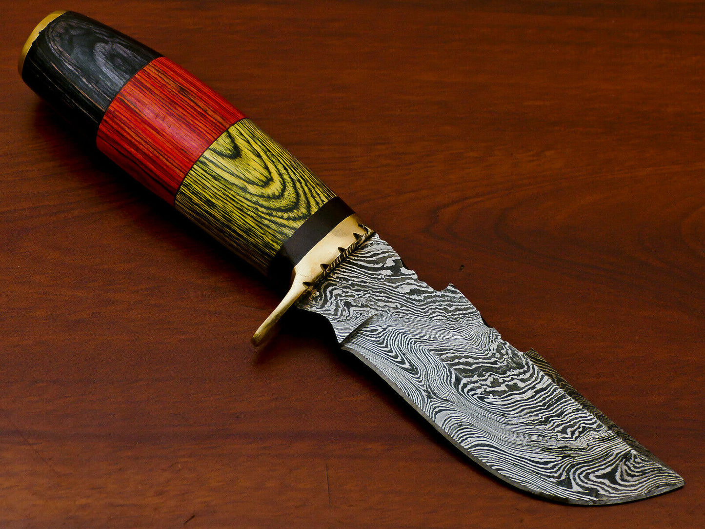 HS-812 Custom Handmade Damascus Skinner Knife With Three Colour  Hard Wood Handle