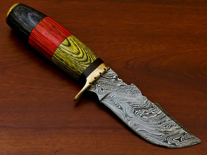 HS-812 Custom Handmade Damascus Skinner Knife With Three Colour  Hard Wood Handle