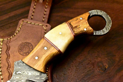 HS-916 Custom Handmade Damascus Karambit Full Tang Knife With Bone Handle