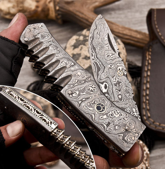 HS Cutlery | Custom Handmade Damascus Folding-Pocket Knife Also With Damascus Handle