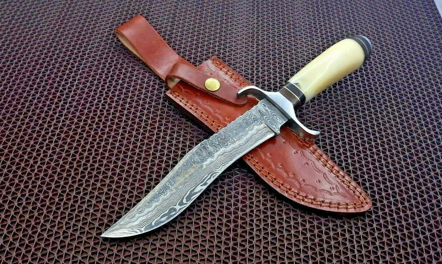 HS-466 Custom Handmade Damascus Steel Hunting Knife 12 inch Overall And Camel Bone Handle