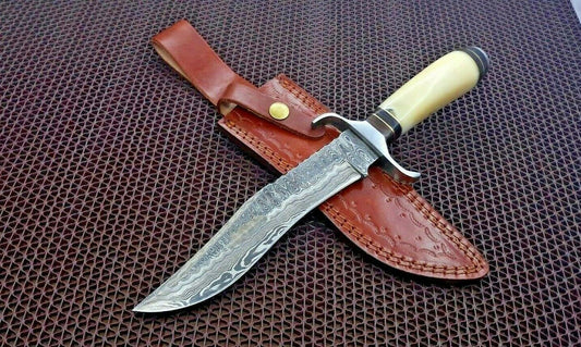 HS-466 Custom Handmade Damascus Steel Hunting Knife 12 inch Overall And Camel Bone Handle