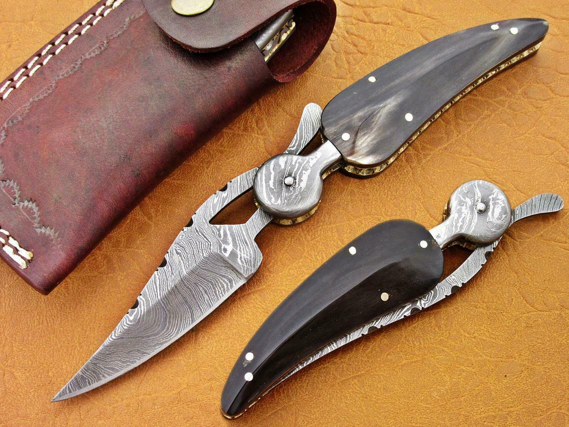 Custom Handmade Damascus Folding-Pocket Knife With Buffalo Horn Handle