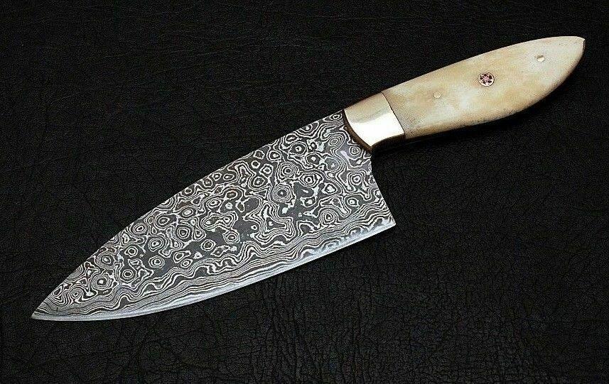 HS-455  Custom Handmade Damascus Kitchen/Chef Knife - Camel Bone Handle - Best Price