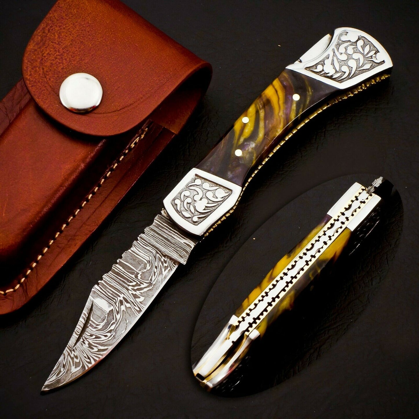 HS-1108 Custom Hand Forged Damascus Steel Back Lock Resin Handle Knife