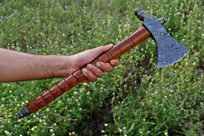 HS-1060 | Custom Handmade Damascus Hand Forged Tomahawk knife, Hatchet, Axe,Integral Natural Wood