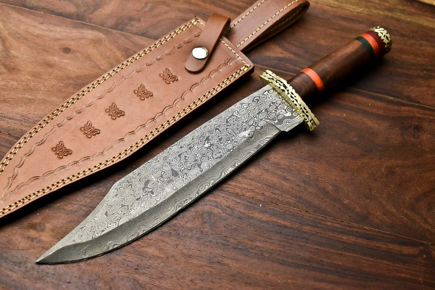 HS-411 | Custom Handmade Damascus Steel Hunting/Bowie Knife - Wood Handle