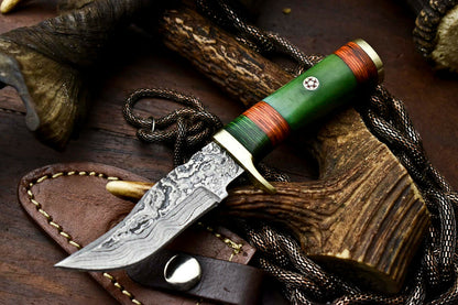 HS-407 | Custom Handmade Awesome Camel Bone Handle Damascus Steel Hunting Knife - Great Price