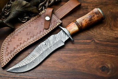 HS-410 | Custom Handmade Damascus Steel Hunting Knife - Camel Bone Handle