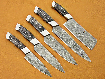 HS-223 Custom Handmade Damascus Kitchen-Chef Knives Set Lot Of Five Pecs With Black Sheet Handle