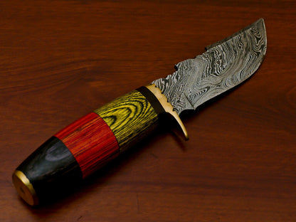 HS-812 Custom Handmade Damascus Skinner Knife With Three Colour  Hard Wood Handle