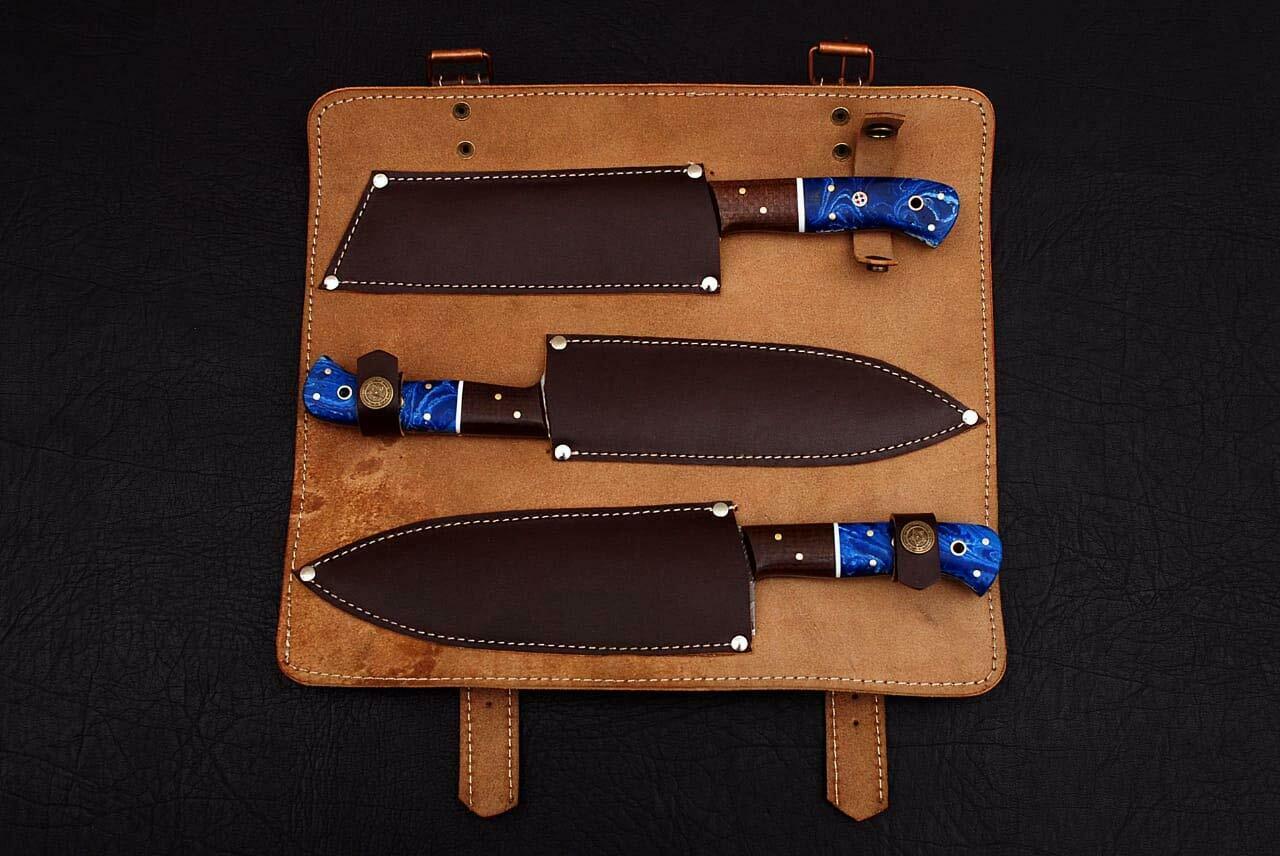 HS-209 Custom Handmade Damascus KItchen-Chef Knives Set Lot Of Three Pecs With Bone Handle