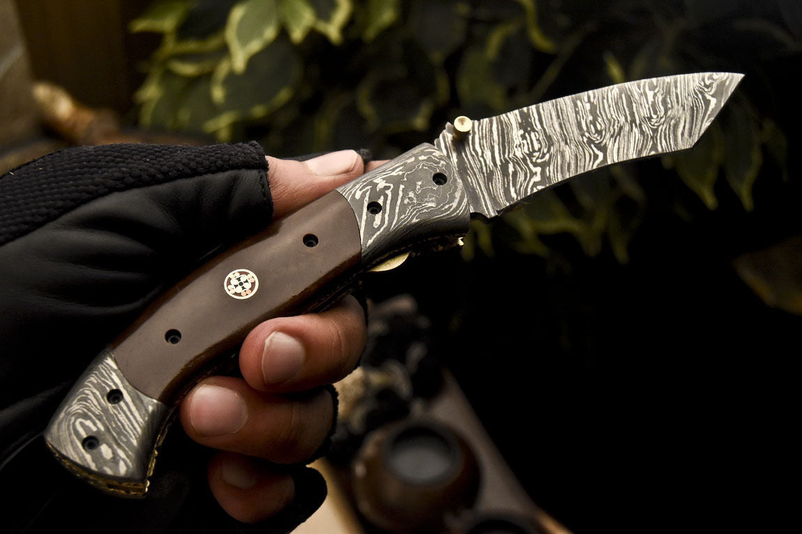Custom Handmade Damascus Folding Knife With  Brown Micarta Handle