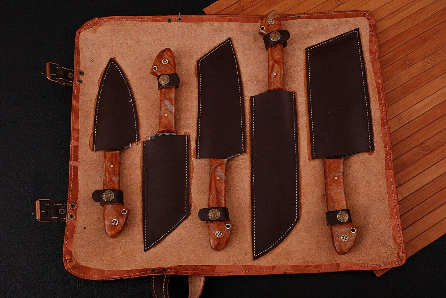 HS-204 Custom Handmade Damascus KItchen-Chef Knives Set Lot Of Five Pecs With Resin Handle