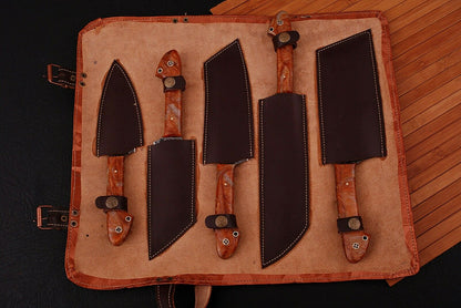 HS-204 Custom Handmade Damascus KItchen-Chef Knives Set Lot Of Five Pecs With Resin Handle