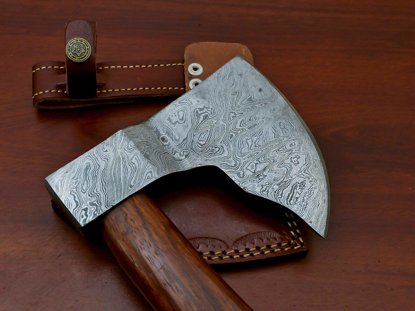 HS-1070 | Custom Handmade Damascus Hand Forged Tomahawk knife, Hatchet, Axe, Integral With Natural Wood