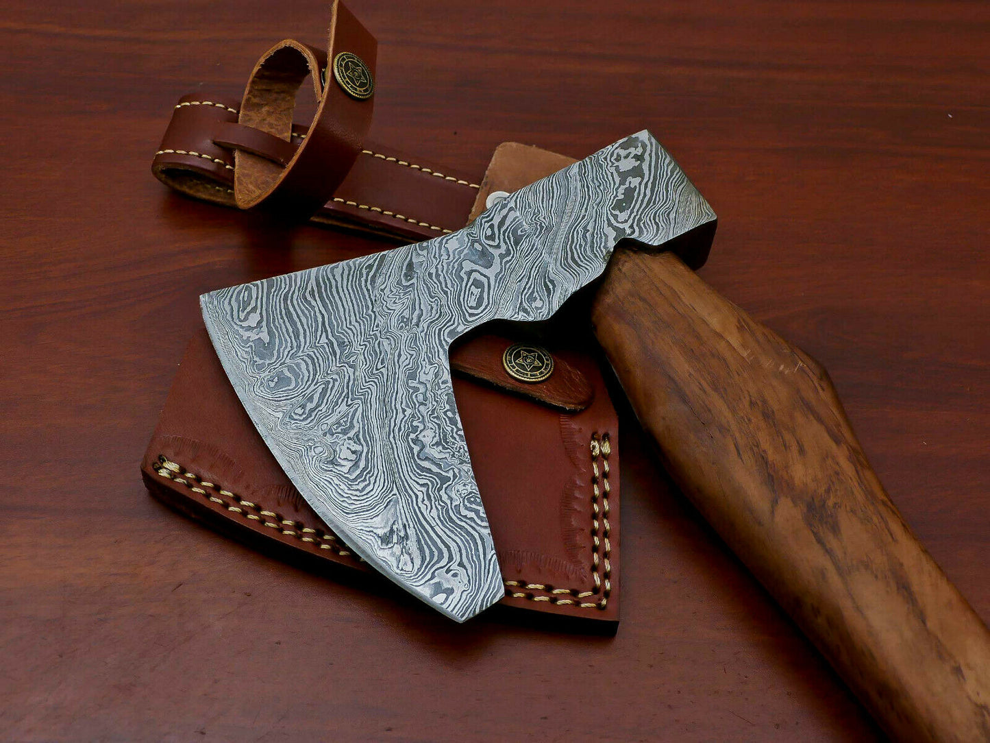 HS-1069 | Custom Handmade Damascus Hand Forged Tomahawk knife, Hatchet, Axe, Integral With Natural Wood