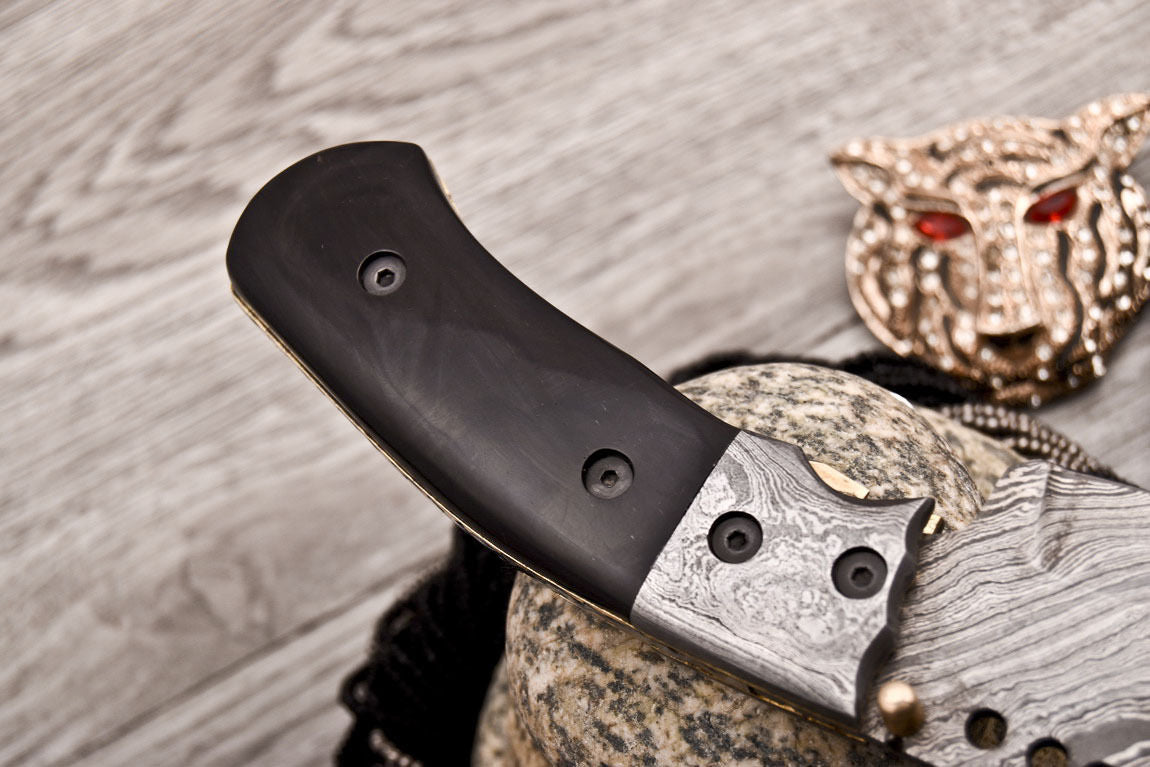 Custom Handmade Damascus Folding-Pocket Knife With Black Micarta Handle