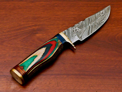 HS-508 Custom Handmade Damascus Hunting/Skinner Knife With Three Shade Colour Hard Wood Handle