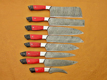 HS-224 Custom Handmade Damascus Kitchen-Chef Knives Set Lot Of 8 Pecs With Bone Handle