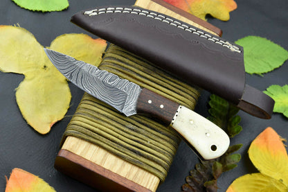 HS-850 Custom Handmade Damascus Skinner Knife With Wood and BoneHandle