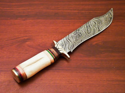 HS-515 Custom Handmade Damascus Bowie/Hunting Knife With Bone & Wood Handle
