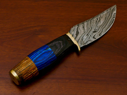 HS-811 Custom Handmade Damascus Skinner Knife With Three Shade Colour  Hard Wood Handle