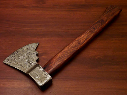 HS-1064 | Custom Handmade Damascus Hand Forged Tomahawk knife, Hatchet, Axe, Integral Natural Wood