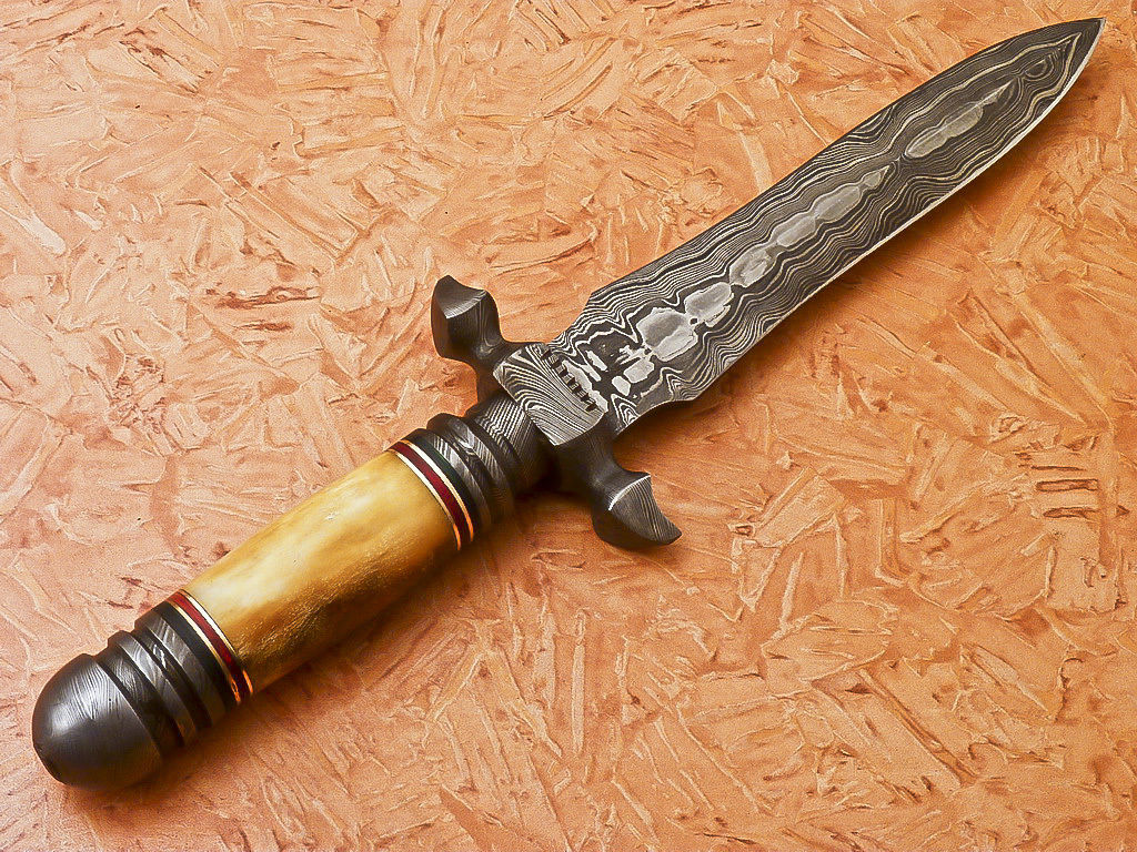 HS-869 Custom Handmade Damascus Dagger Knife With Colored Camel Bone Handle