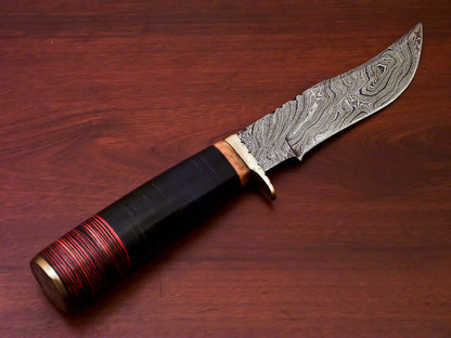 HS-516 Custom Handmade Damascus Hunting Knife With Black Hard Wood & Leather Handle