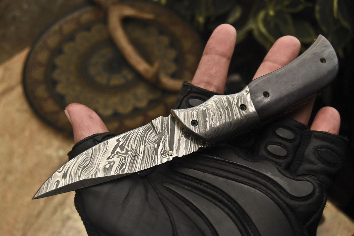 Custom Handmade Damascus Folding/Pocket Knife With Awesome Black Bone Handle