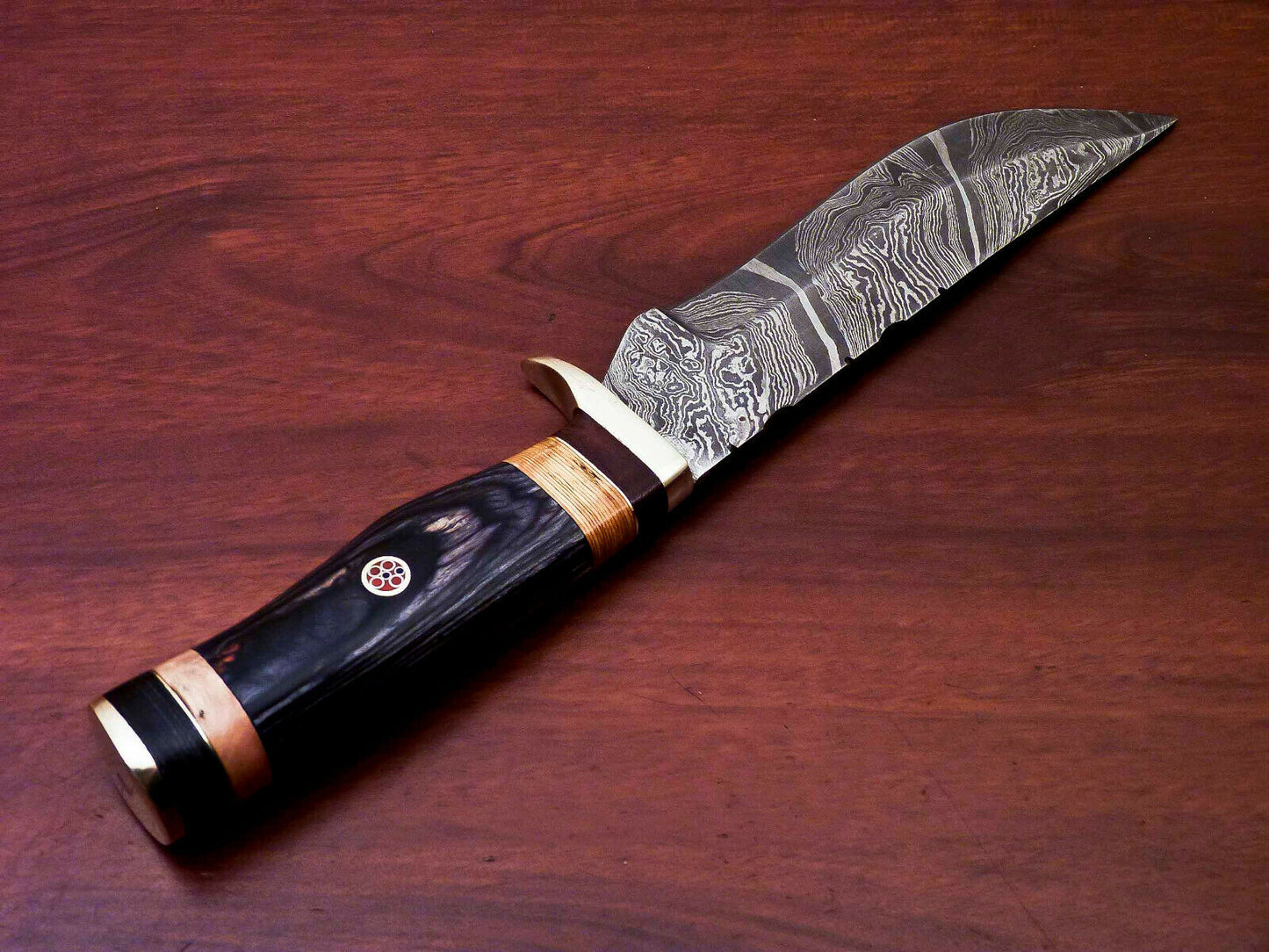HS-527 Custom Handmade Damascus Hunting Knife With Brass Guard & But Cap - Hard Wood