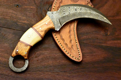 HS-916 Custom Handmade Damascus Karambit Full Tang Knife With Bone Handle