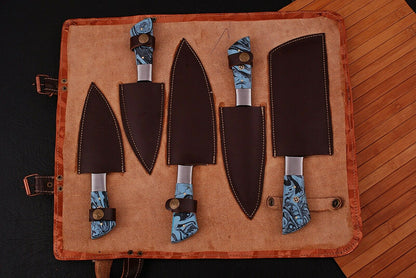 HS-205 Custom Handmade Damascus KItchen-Chef Knives Set Lot Of Five Pecs With Resin Handle