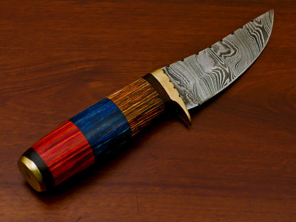 HS-810 Custom Handmade Damascus Skinner Knife With Three Custom Colour  Hard Wood Handle