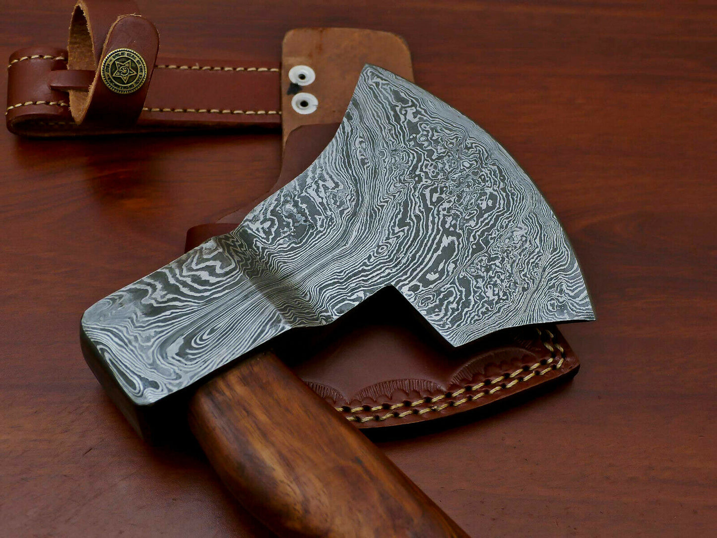 HS-1071 | Custom Handmade Damascus Hand Forged Tomahawk knife, Hatchet, Axe, Integral With Natural Wood