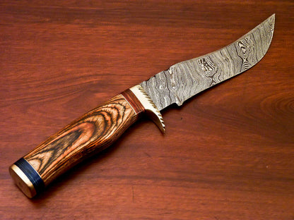 HS-522  Custom Handmade Damascus Hunting Knife With Brown Hard Wood Handle