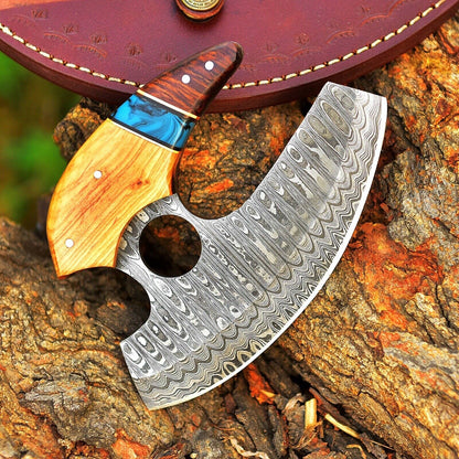 Damascus Ulu Knife – Cocobolo & Olive Wood Resin Handle | HS-1028