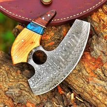 Load image into Gallery viewer, HS-1028 Personalized Damascus Chef Kitchen Ulu Knife Chef Knife Damascus Knife Cocobolo Wood &amp; Olive Wood Resin With Leather Sheath
