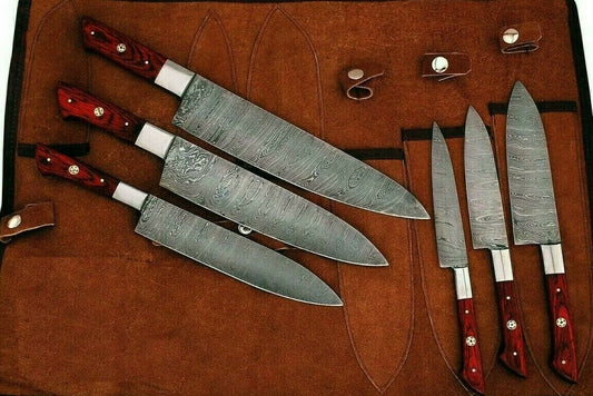 HS-225 Custom Handmade Damascus Kitchen-Chef Knives Set Lot Of Six Pecs With Wood Handle