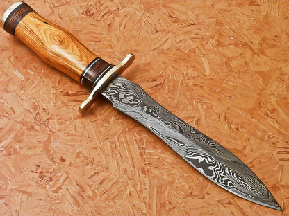 Custom Handmade Damascus Dagger Hunting Knife With Hard Wood Handle