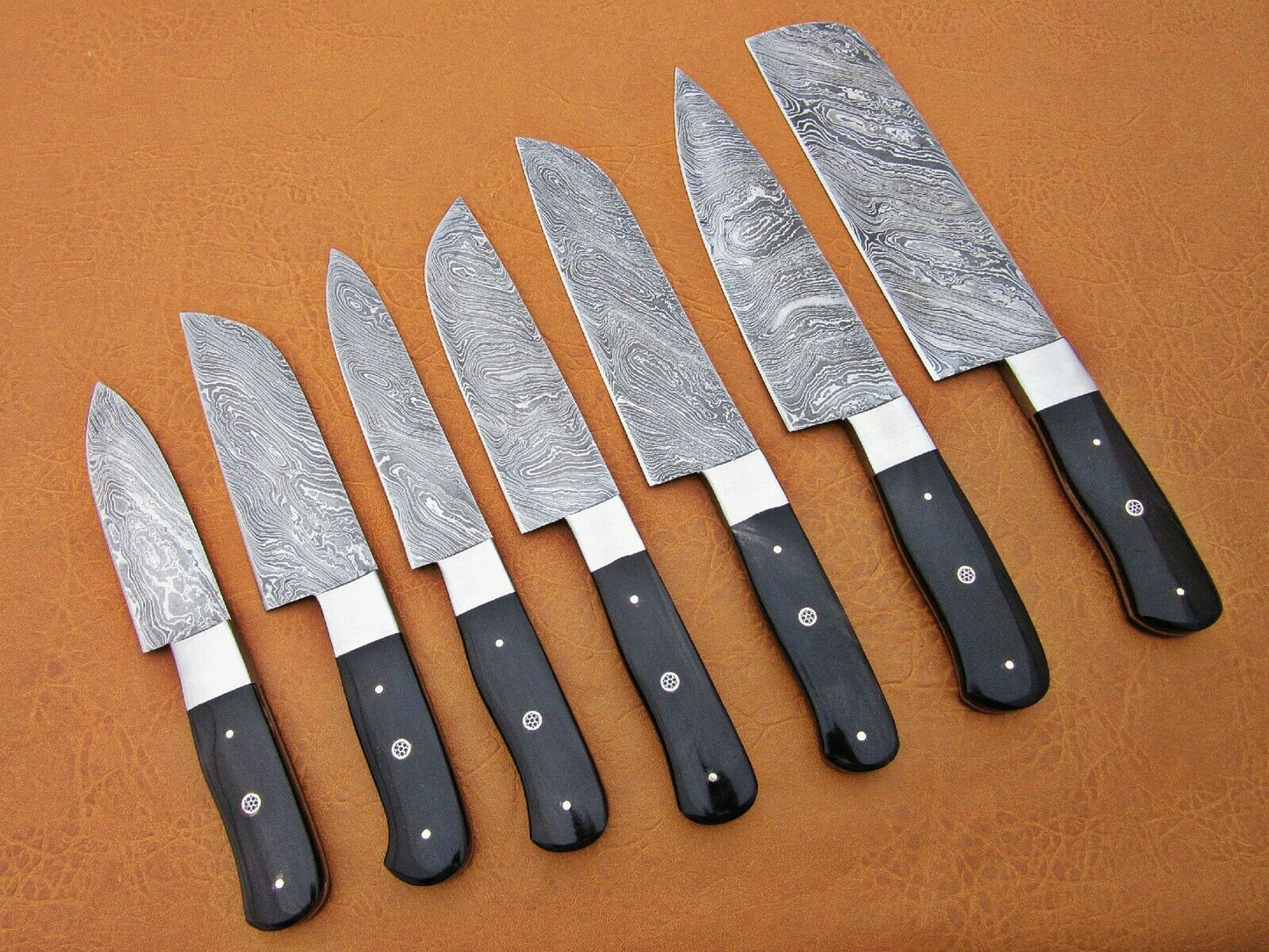 HS-230 Custom Handmade Damascus Kitchen-Chef Knives Set Lot Of 7 Pecs With  Buffalo Horn Handle