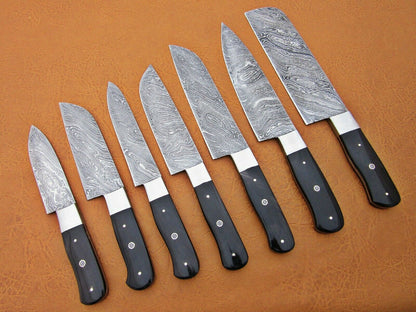 HS-230 Custom Handmade Damascus Kitchen-Chef Knives Set Lot Of 7 Pecs With  Buffalo Horn Handle