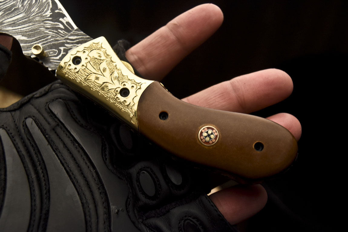 Custom Handmade Damascus Folding/Pocket Engraved Knife With Brown Micarta Handle