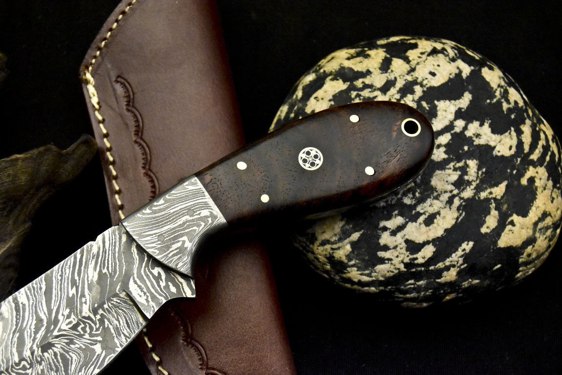 HS-827 Custom Handmade Damascus Skinner Knife With Natural Wood & Mosaic Pin Handle Handle