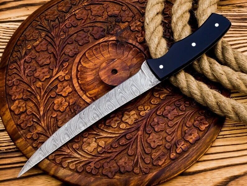Damascus Full Tang Hunting Fillet Knife with Leather Sheath – HS-1041